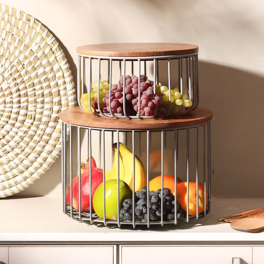 Stackable Wire Storage Baskets with Lids, Set of 2 - Grey