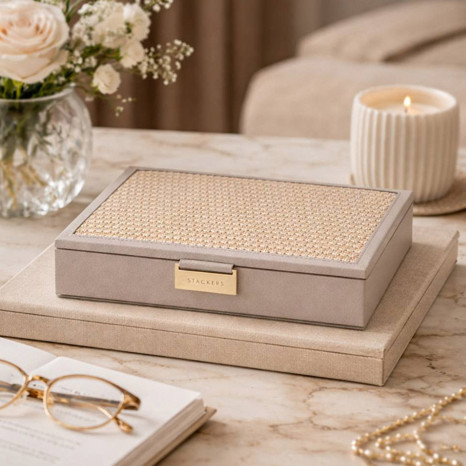 Raffia Jewellery Box with Lid Medium - Taupe