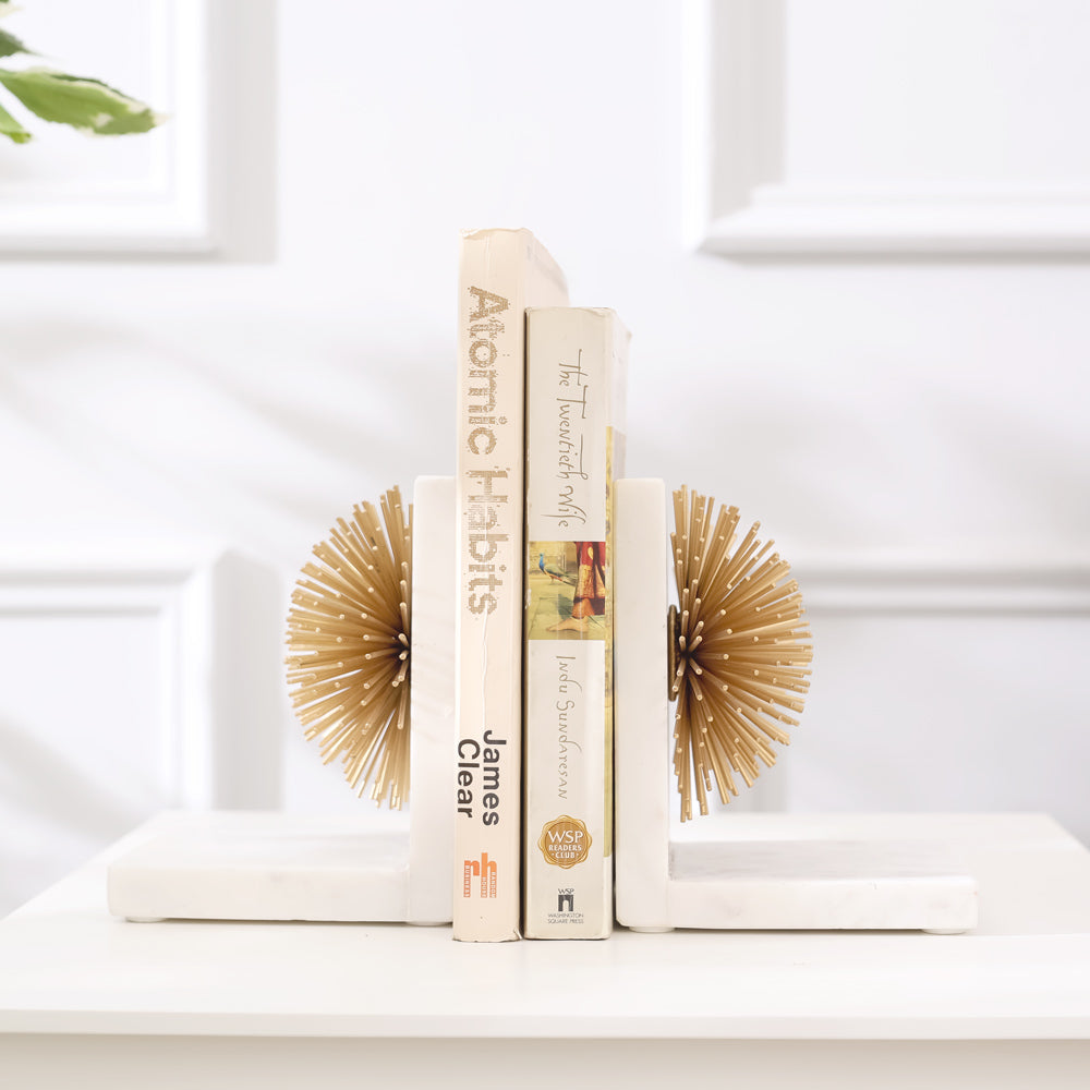 Starburst Marble Bookends, Set of 2 - White Gold