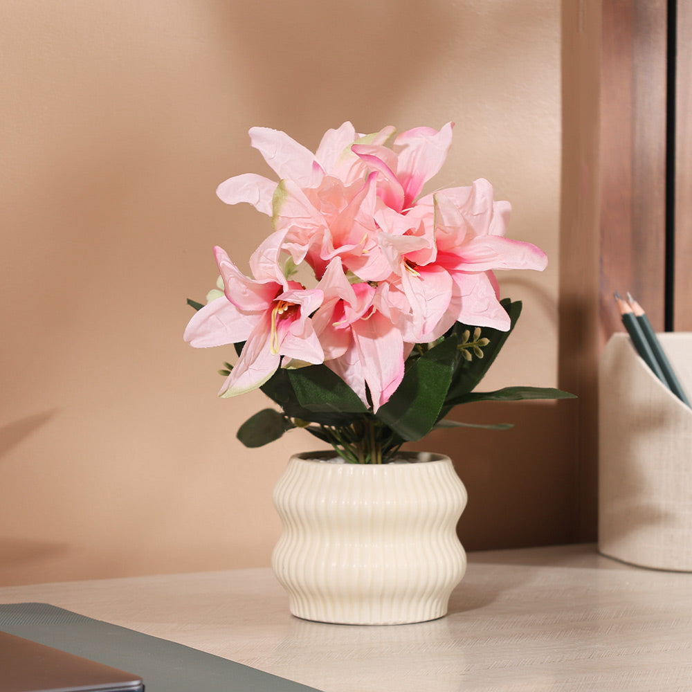 Stargazer Lilies Artificial Potted Plant - Pink Cream