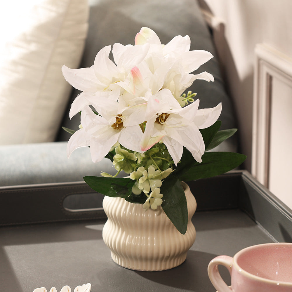 Stargazer Lilies Artificial Potted Plant - White Cream