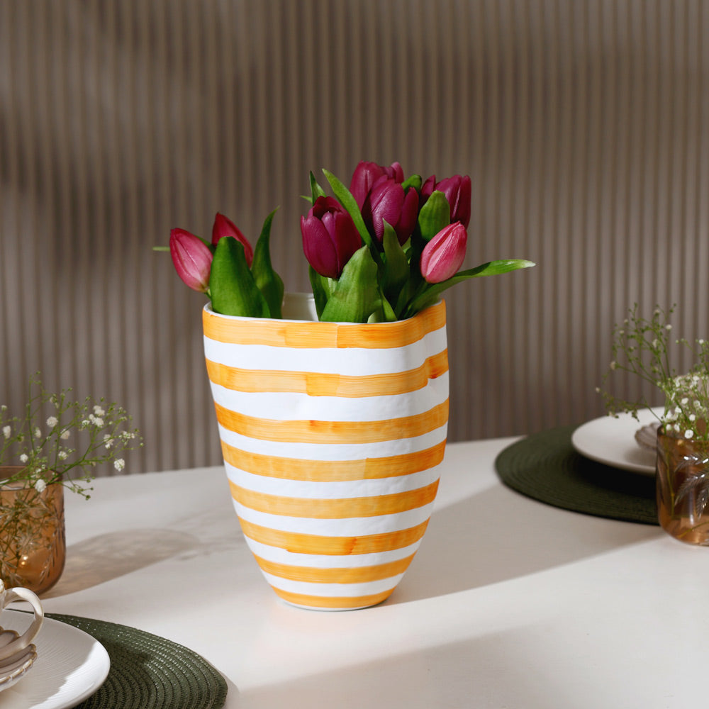 Striper Handpainted Glass Vase Medium - Saffron White