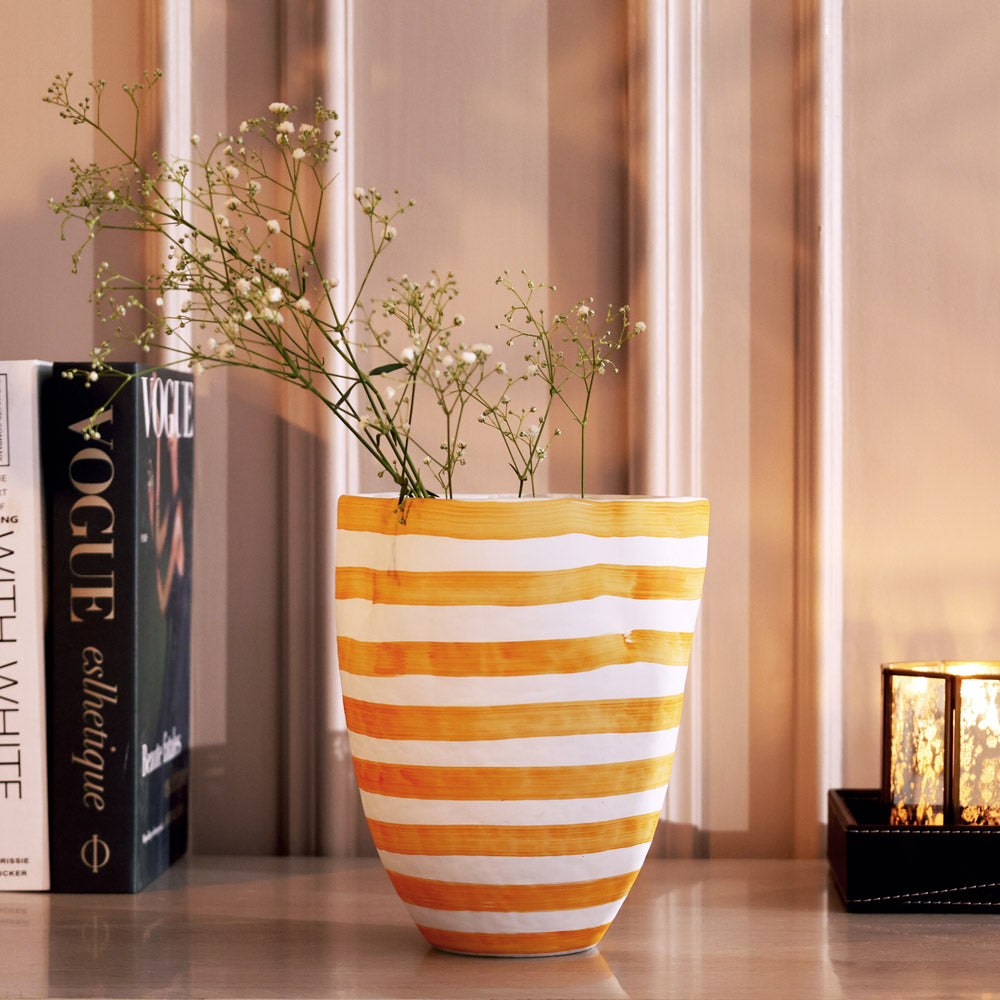 Striper Handpainted Glass Vase Medium - Saffron White