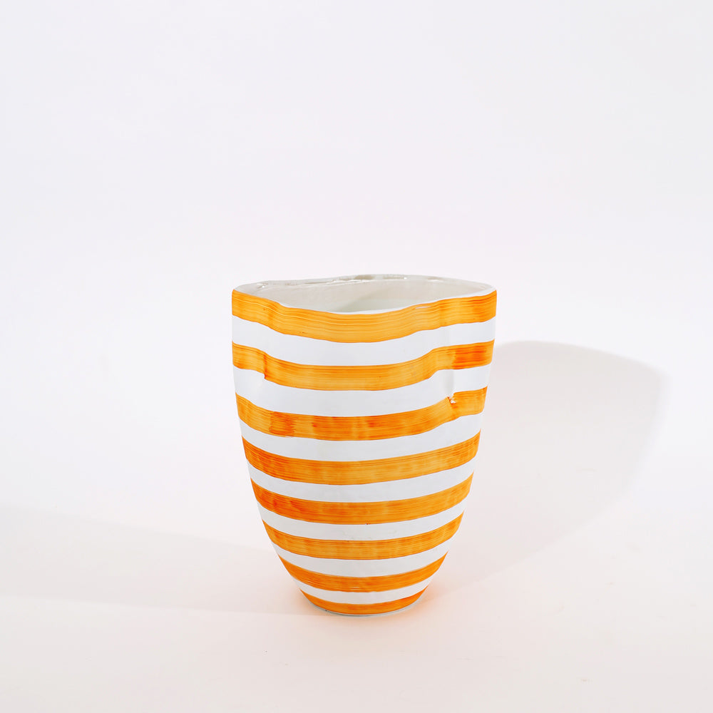 Striper Handpainted Glass Vase Medium - Saffron White