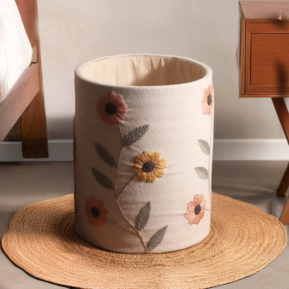 Sunflower Embroidered Storage Basket - Cream