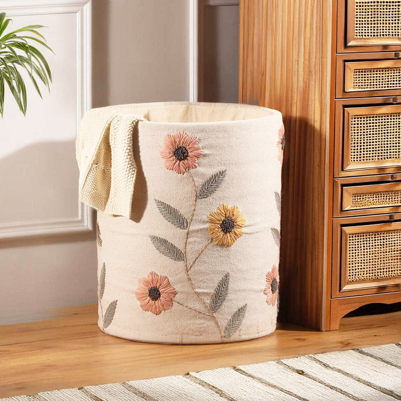 Sunflower Embroidered Storage Basket - Cream