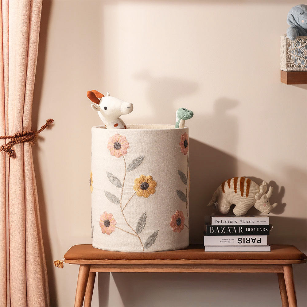 Sunflower Embroidered Storage Basket - Cream