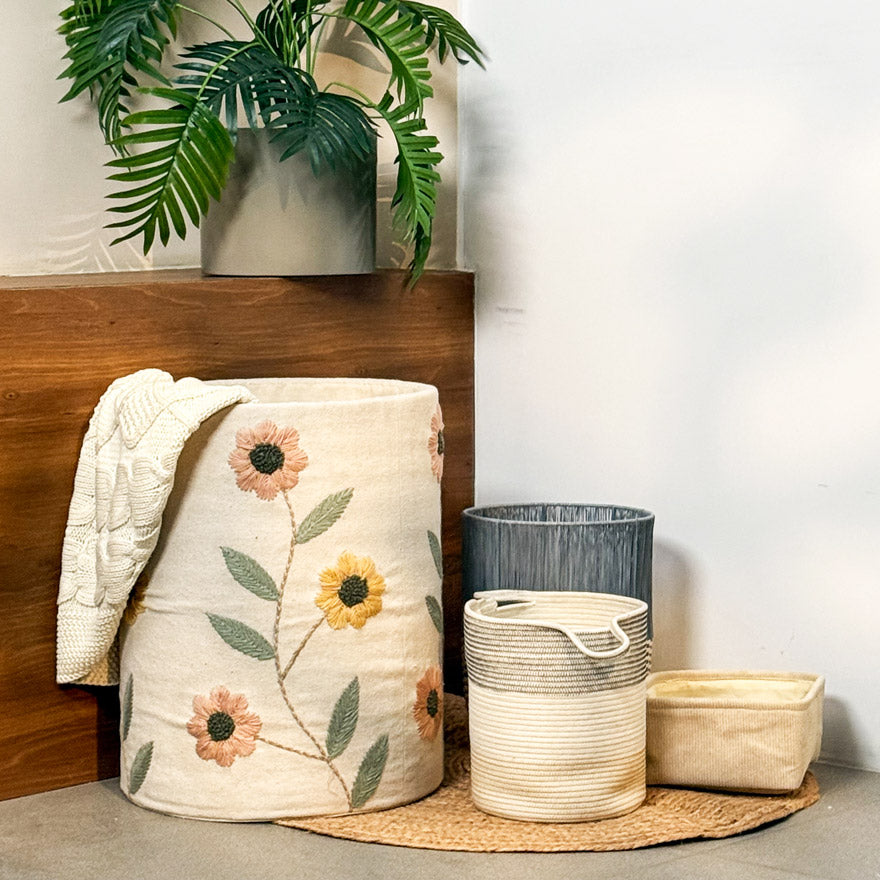 Sunflower Embroidered Storage Basket - Cream
