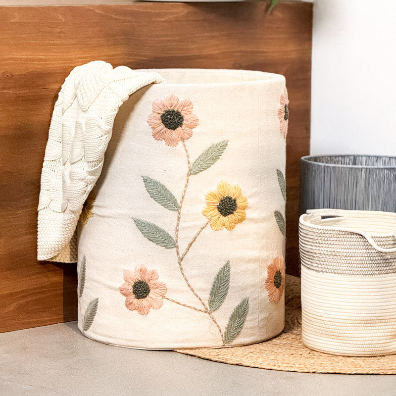 Sunflower Embroidered Storage Basket - Cream