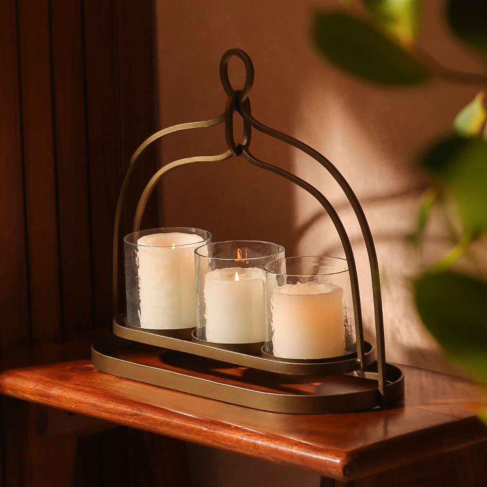 Sutton 3-piece Glass Hurricanes with Iron Stand - Clear Gold