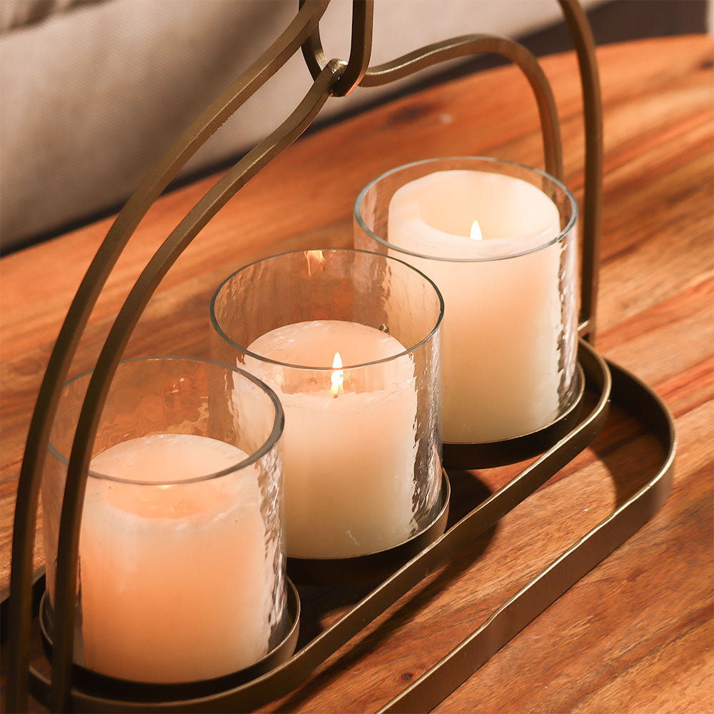 Sutton 3-piece Glass Hurricanes with Iron Stand - Clear Gold