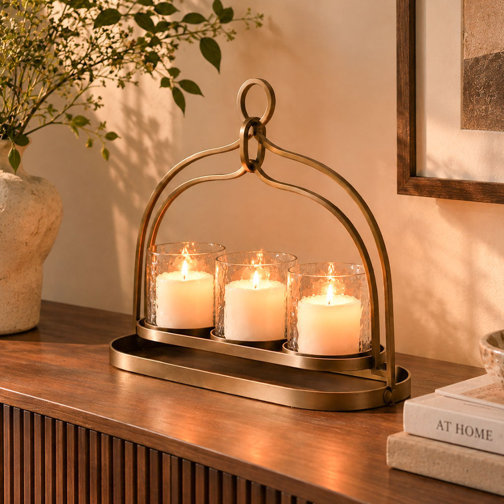 Sutton 3-piece Glass Hurricanes with Iron Stand - Clear Gold