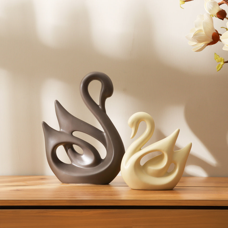 Swan Decorative Sculptures, Set of 2 - Grey & Beige