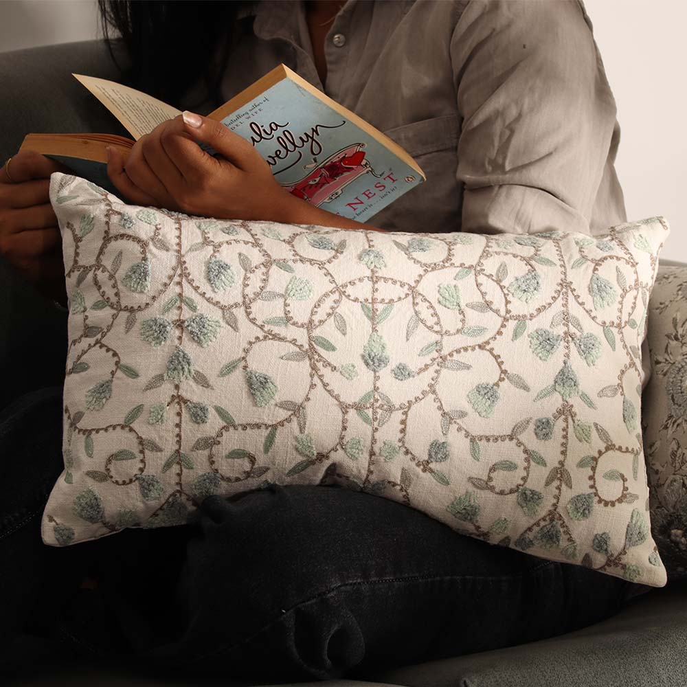 Sweetpea Rectangular Embroidered Cotton Cushion Cover 50x30cm - Blue White