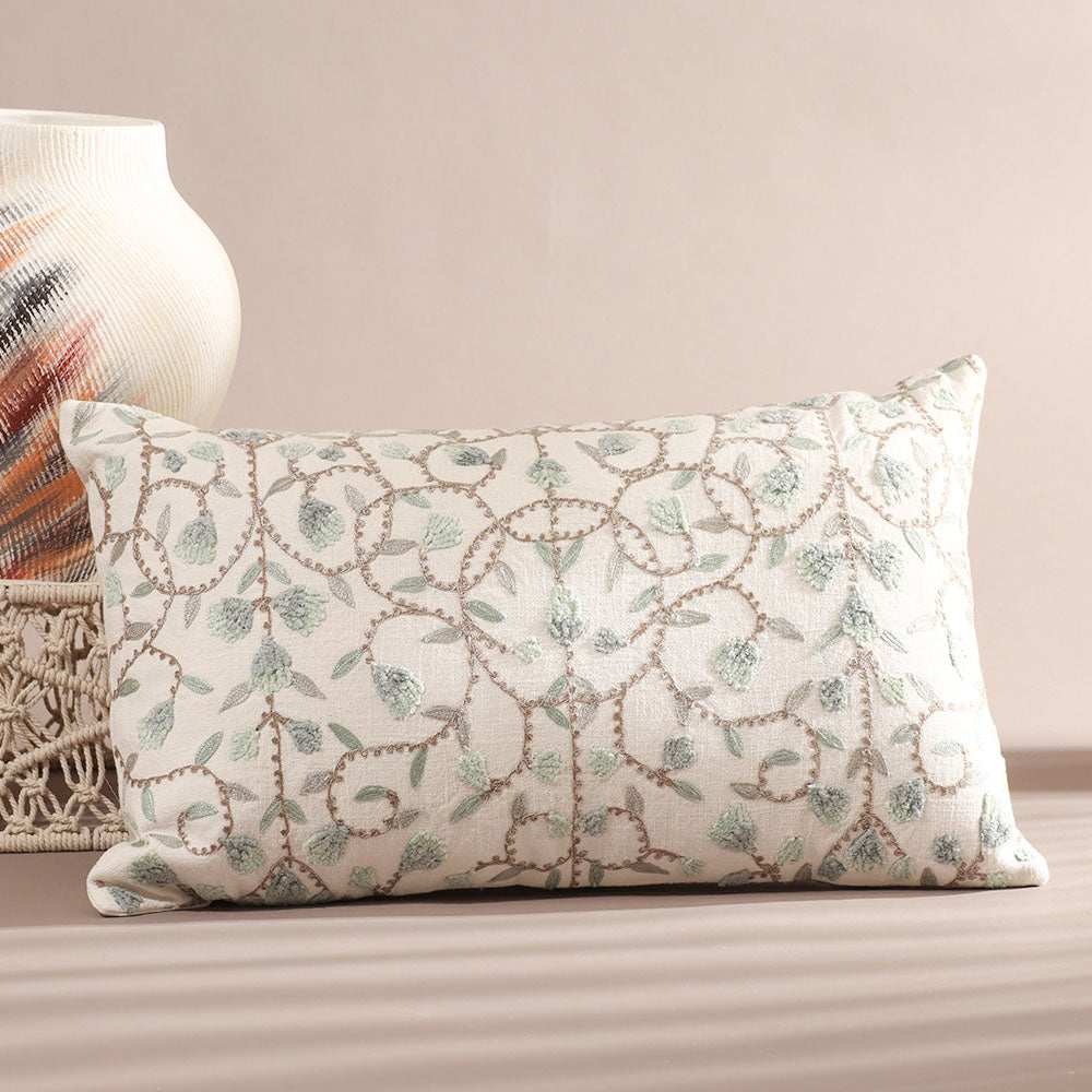 Sweetpea Rectangular Embroidered Cotton Cushion Cover 50x30cm - Blue White