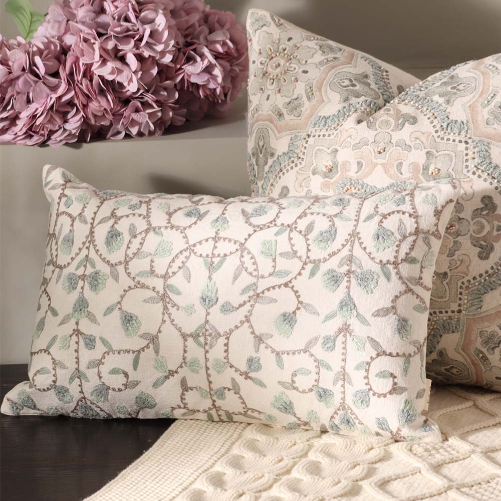 Sweetpea Rectangular Embroidered Cotton Cushion Cover 50x30cm - Blue White