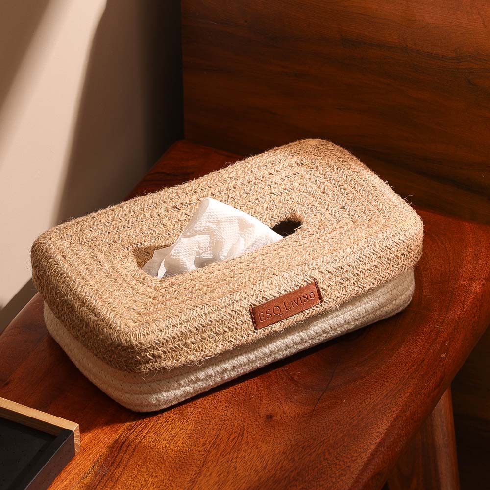 Tahar Cotton & Jute Tissue Box Holder - Natural Cream