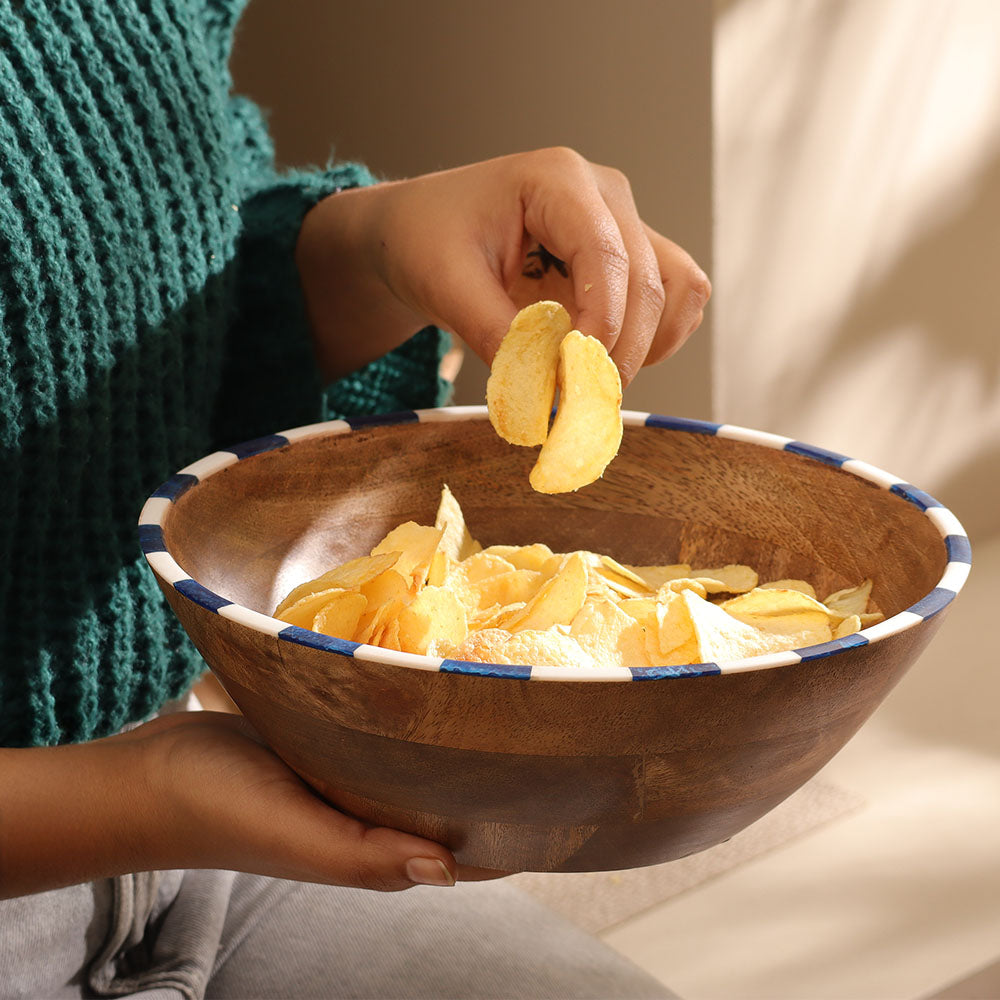 Tulum Mango Wood Striped Bowl Large - Blue White