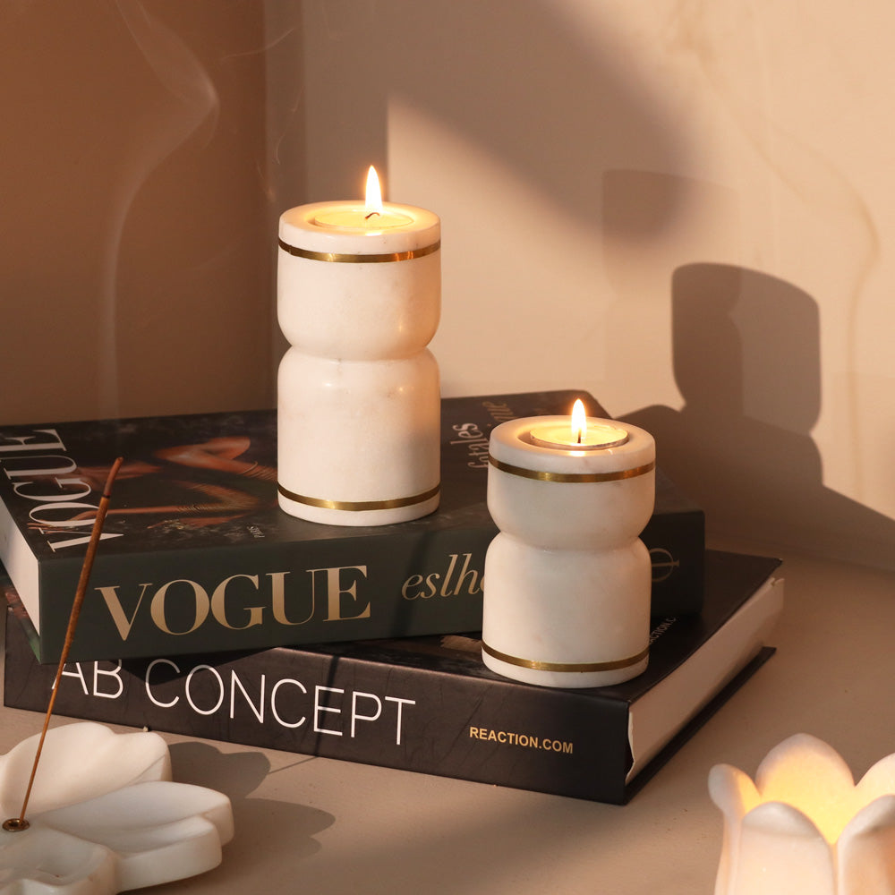 Tarsie Marble Tealight Holders, Set of 2 - White Gold