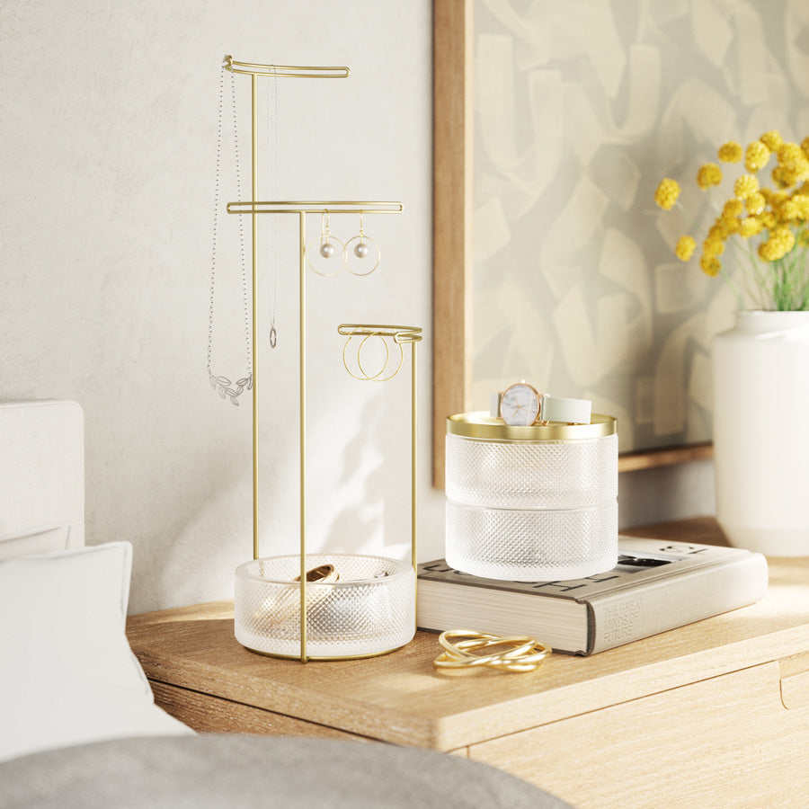 Tesora Jewellery Stand with Glass Bowl - Brass