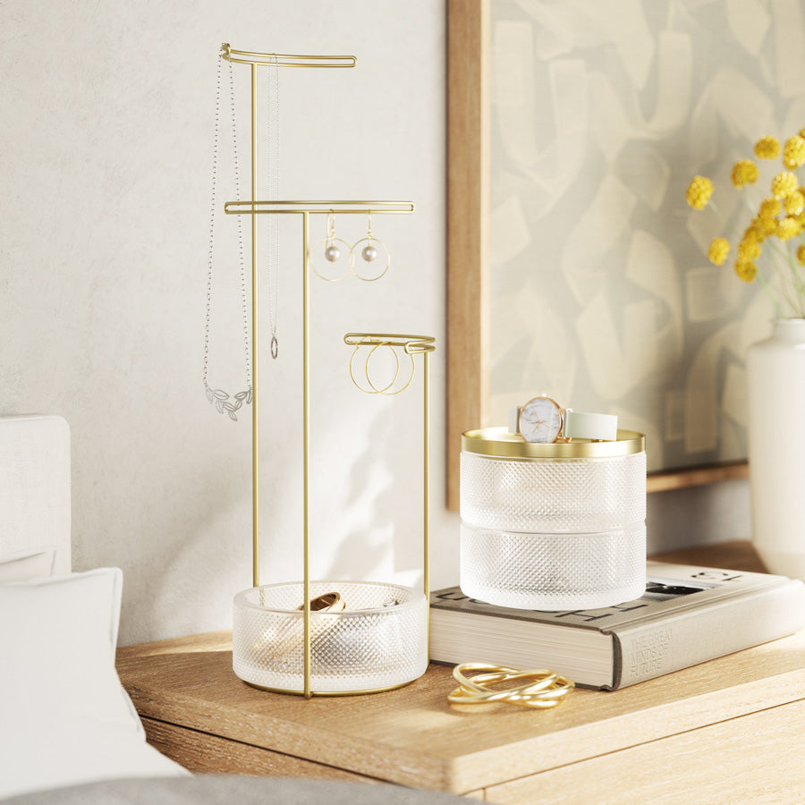 Tesora Jewellery Stand with Glass Bowl - Brass