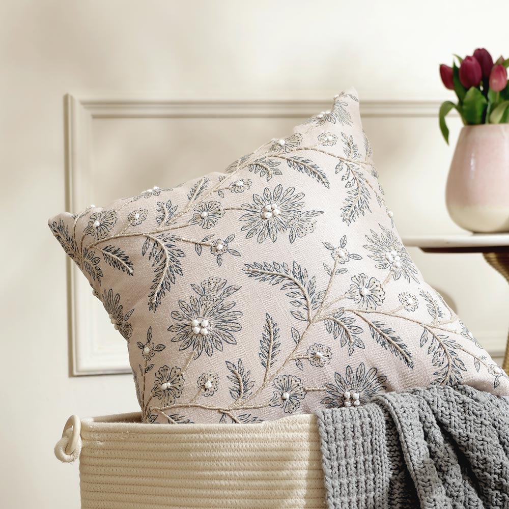 Thistle Embroidered Cushion Cover 45x45cm - Tan Blue