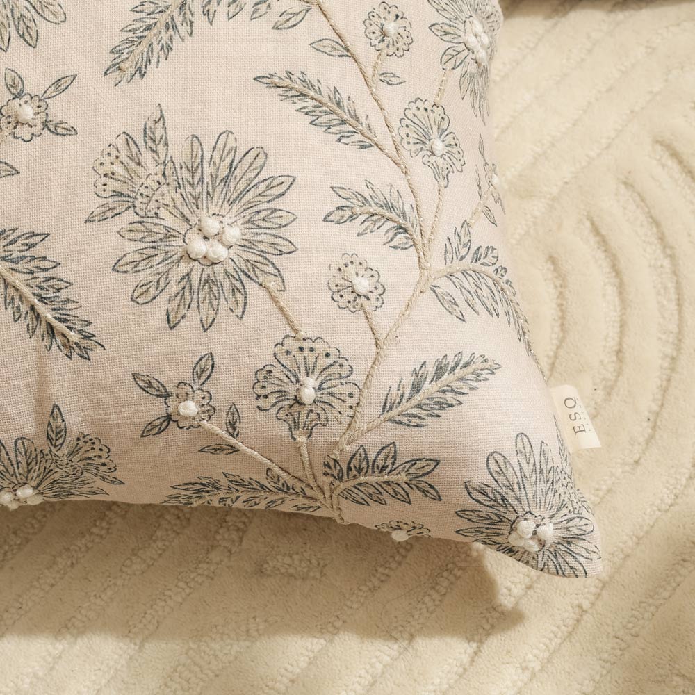 Thistle Embroidered Cushion Cover 45x45cm - Tan Blue