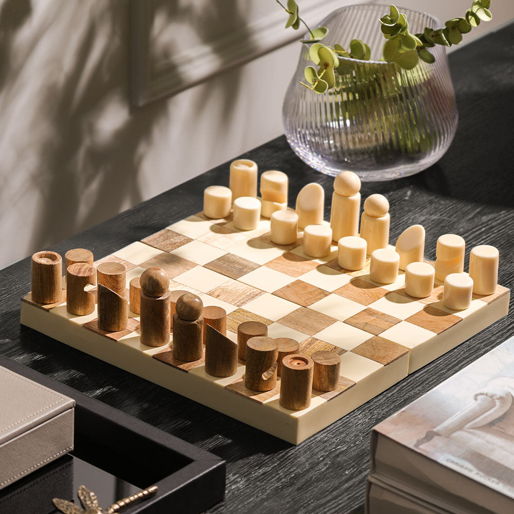Abstract Folding Tabletop Chess Set - Cream Natural