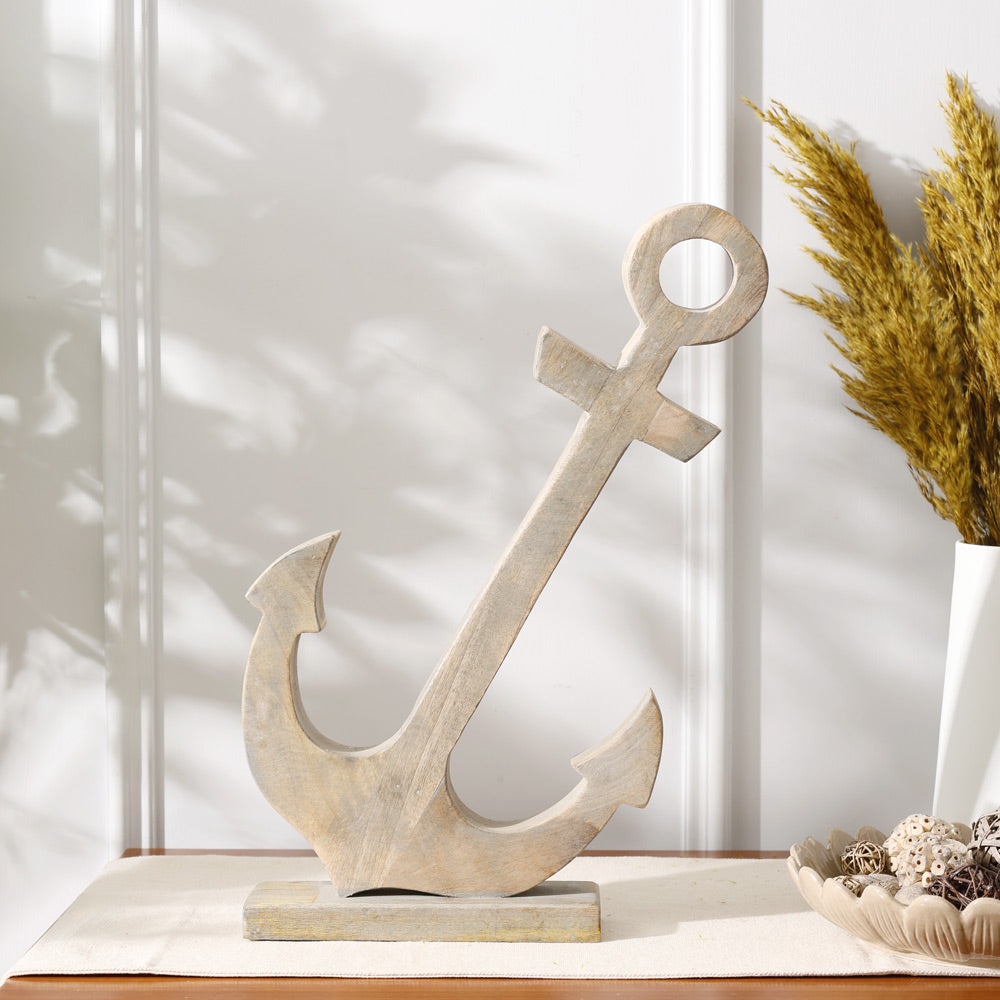 Tilted Anchor Mango Wood Sculpture Large - Vintage Grey