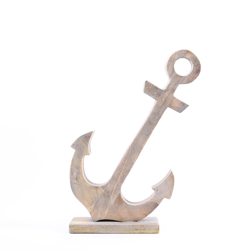 Tilted Anchor Mango Wood Sculpture Large - Vintage Grey