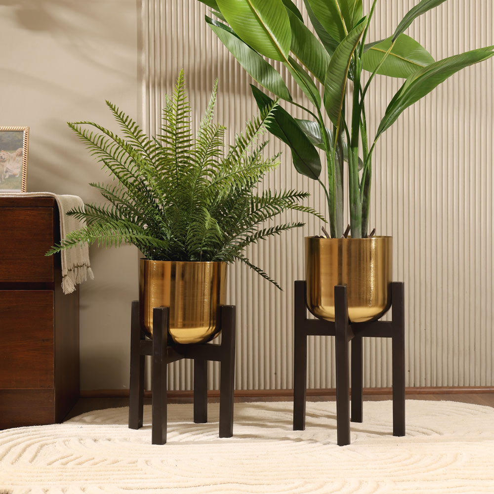 Torte Wooden Planters with Stands, Set of 2 - Gold