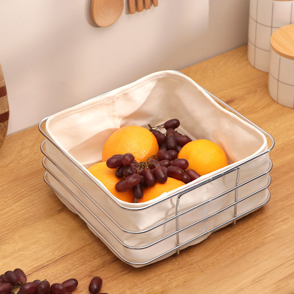 Trace Square Bread Basket with Lining Medium - Silver