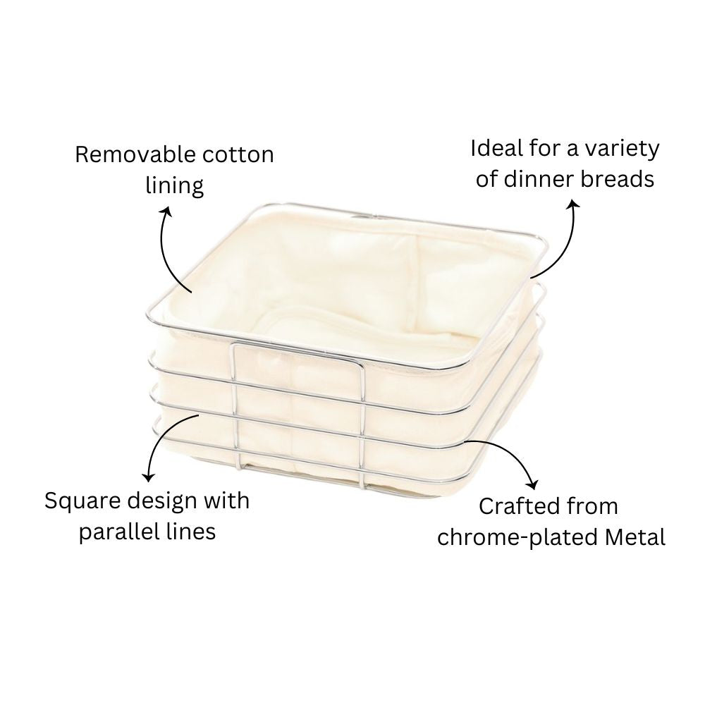 Trace Square Bread Basket with Lining Medium - Silver