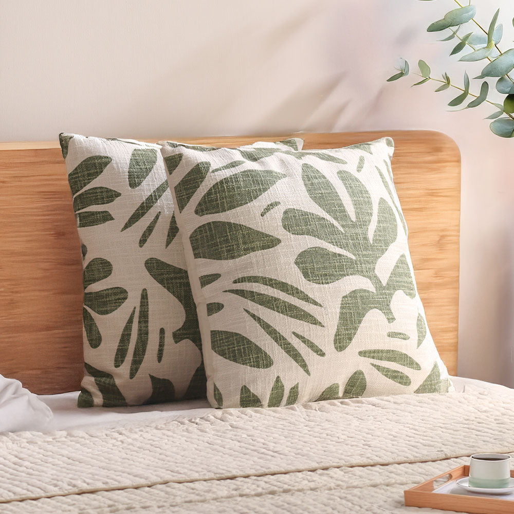 Tropical Printed Cotton Cushion Cover 45x45cm - Green White