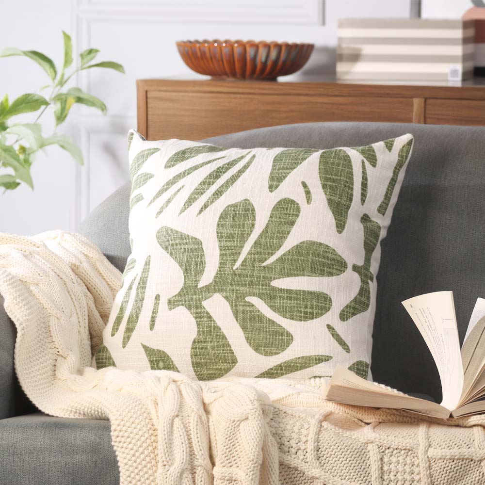 Tropical Printed Cotton Cushion Cover 45x45cm - Green White