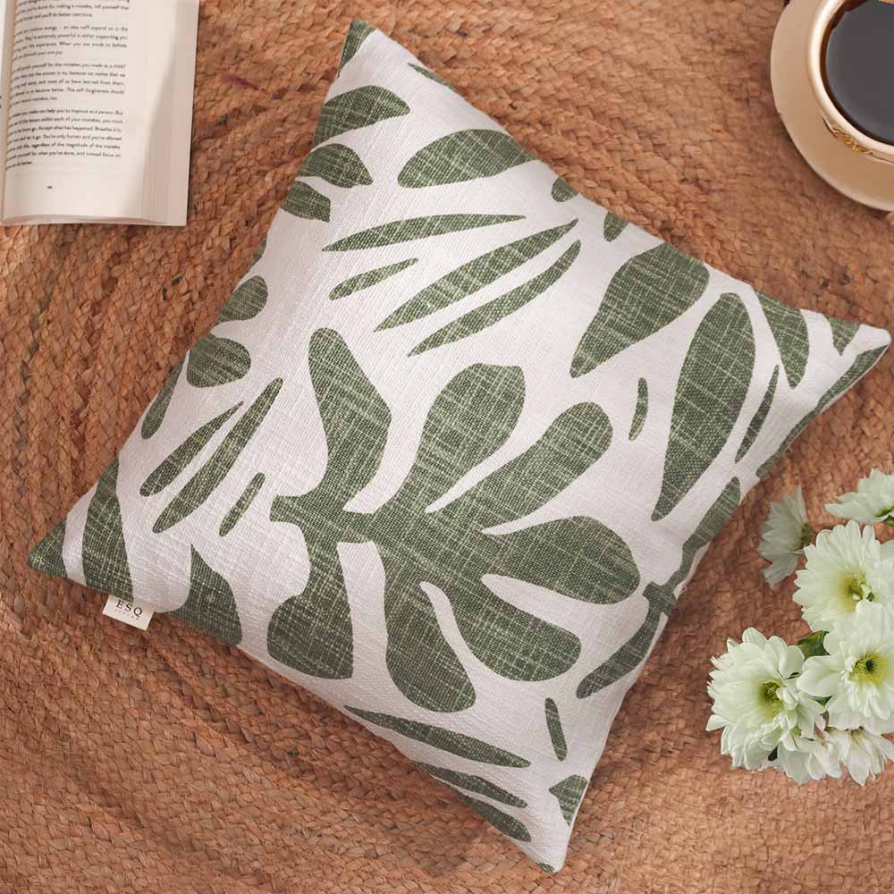 Tropical Printed Cotton Cushion Cover 45x45cm - Green White
