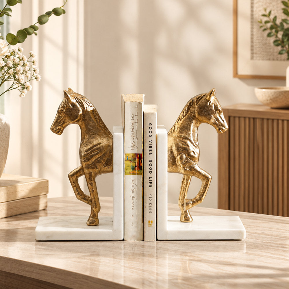 Trotting Horse Metal & Marble Bookends, Set of 2 - Brass White