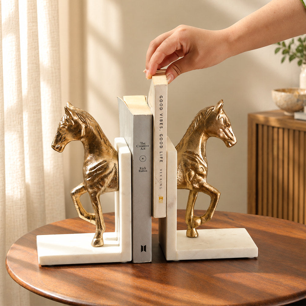 Trotting Horse Metal & Marble Bookends, Set of 2 - Brass White