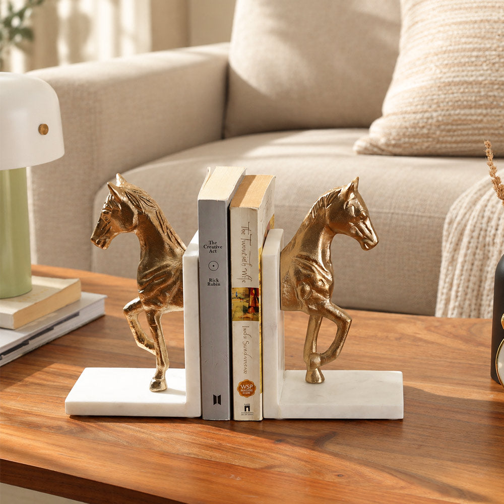 Trotting Horse Metal & Marble Bookends, Set of 2 - Brass White