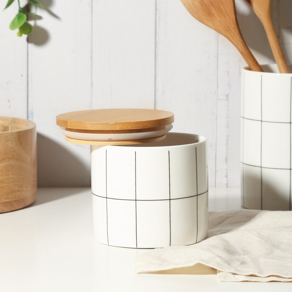 Tuile Ceramic Storage Jar Small - Check White