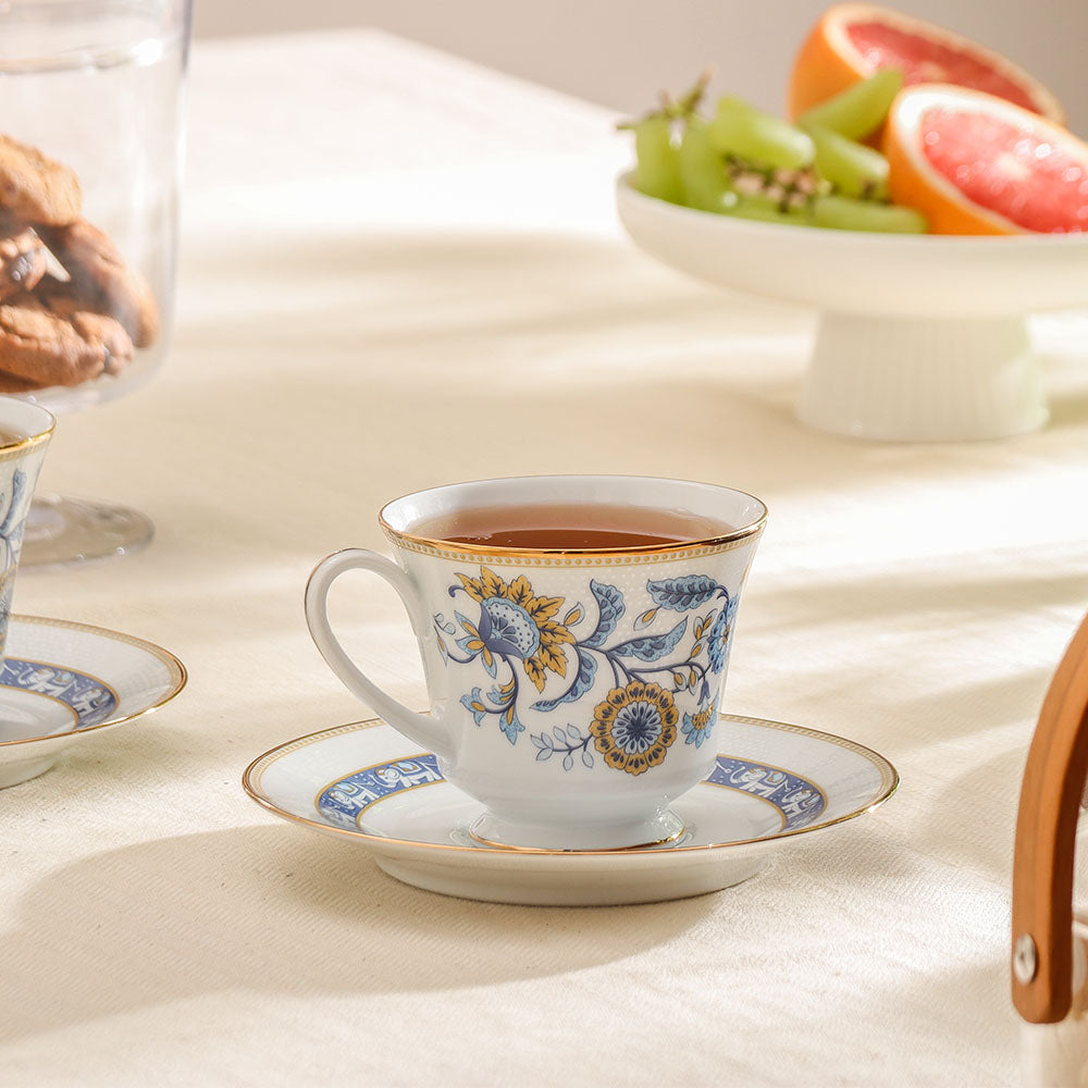 Tusker Porcelain Cup & Saucer, Set of 6 - Blue