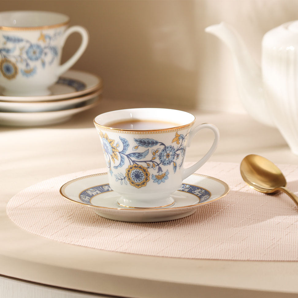 Tusker Porcelain Cup & Saucer, Set of 6 - Blue