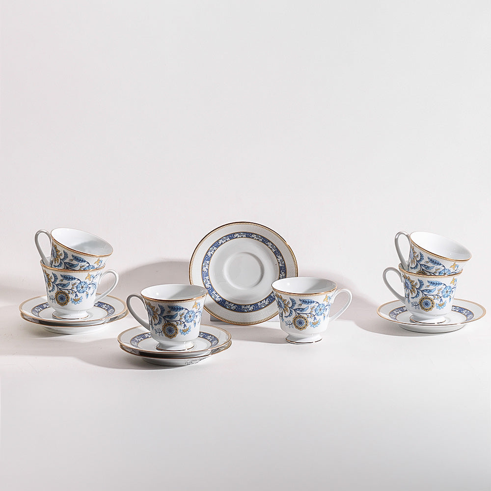 Tusker Porcelain Cup & Saucer, Set of 6 - Blue