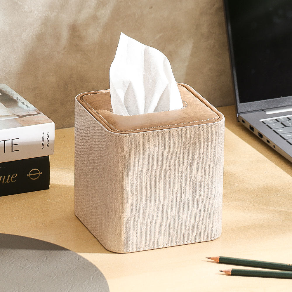 Two-Tone Square Tissue Box Holder - Beige Brown