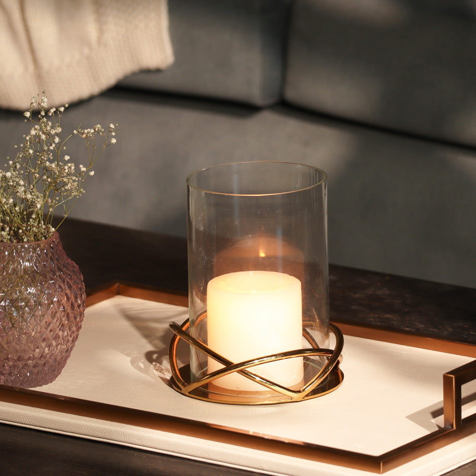 Valar Glass Hurricane with Metal Stand - Gold