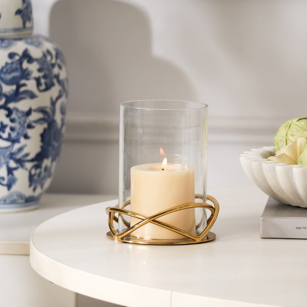 Valar Glass Hurricane with Metal Stand - Gold