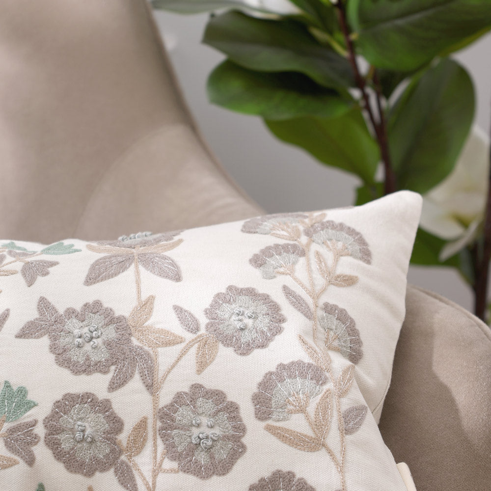 Vera Rectangular Embroidered Cushion Cover 50x30cm - Earthy Cream