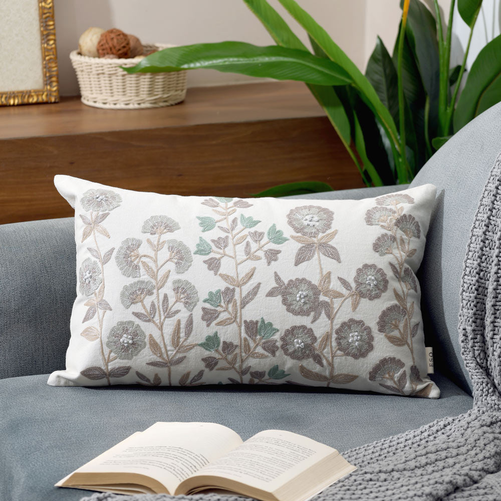 Vera Rectangular Embroidered Cushion Cover 50x30cm - Earthy Cream