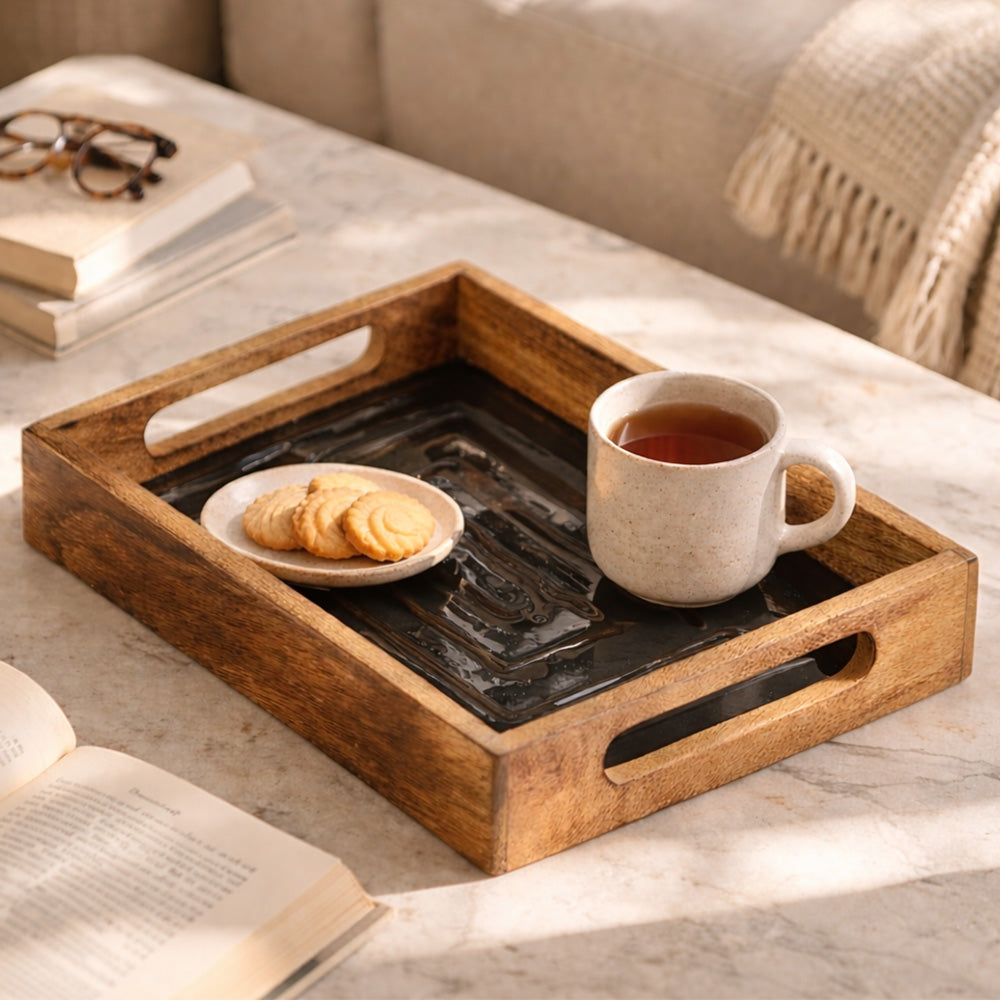 Vara Glass & Wood Serving Tray Small - Natural Black