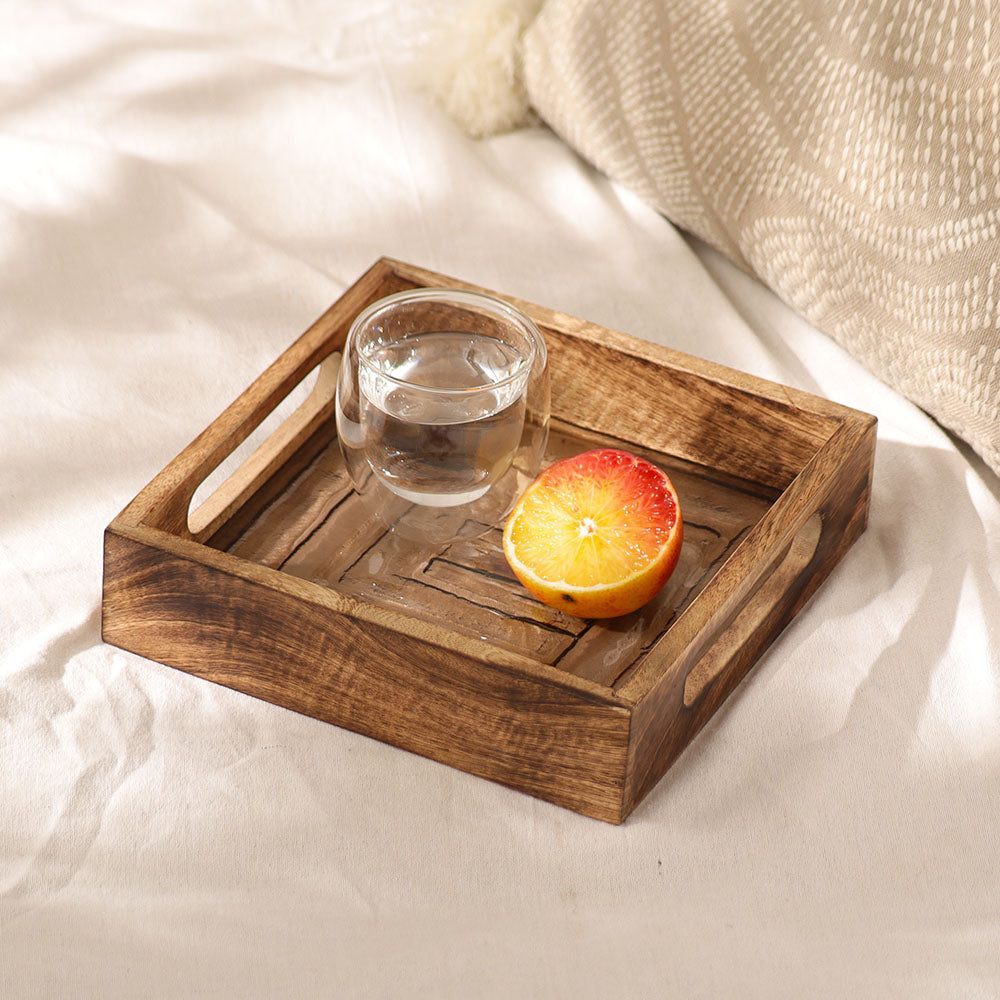 Vara Glass & Wood Square Serving Tray Mini - Natural Brown